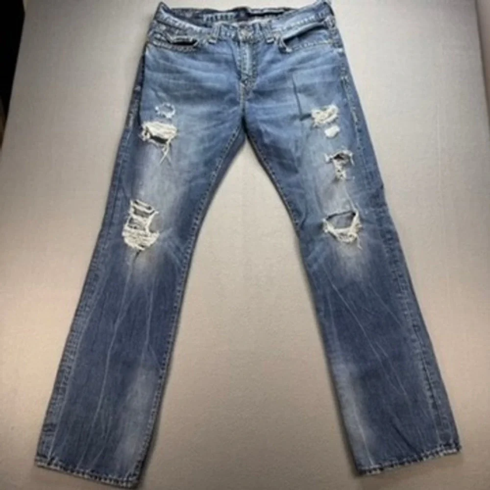 True Religion Jeans Mens 36 Blue Ricky Relaxed Straight Distressed‎ Denim USA